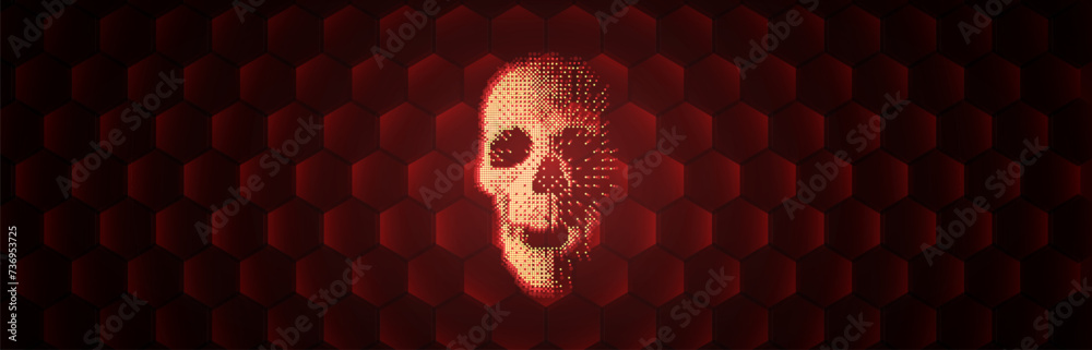 Poster GAME OVER Skull Sign Concept. DANGER Futuristic HUD Element. You Died Game Banner. Death Screen with Dithered Skull Icon. Danger Hexagonal Banner. Vector Illustration.