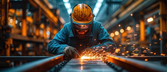 Skilled welder at work with sparks flying in industrial environment