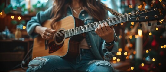Happy young Woman hands playing acoustic guitar - obrazy, fototapety, plakaty