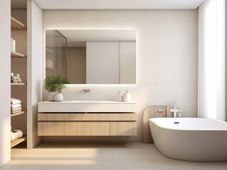 Fototapeta na wymiar bathroom room ideas, including bathtub, glass, towels, shower, shelf table which are simple and minimalist but still give the impression of being clean and elegant.