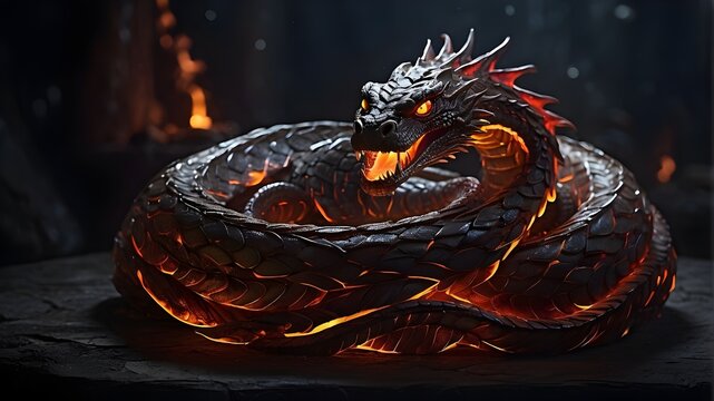 Serpent's Scales Aglow, Casting Haunting Shadows, Serpent's Scales Radiate Eerie Glow in Darkness, Serpent's Scales Illuminate Surrounding Darkness, Flames Wrap Around Serpent's Sleek Scales, Flames 