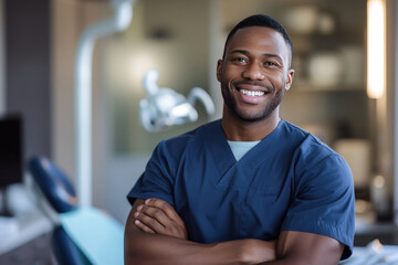 Handsome African American male dentist smiling, standing with folded hands inside blurry modern clinic. Dental care concept