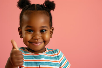 Happy little cute African girl giving thumbs up on pink background