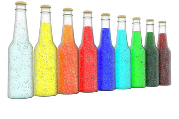 PNG. Trasparente. Bottiglie bibite rinfrescanti colorate su sfondo bianco.