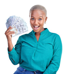 Woman, portrait and wow with money fan for winning bonus for achievement, cashback or finance loan. Black person, face and cash or isolated transparent png background with profit, excited or lottery - obrazy, fototapety, plakaty