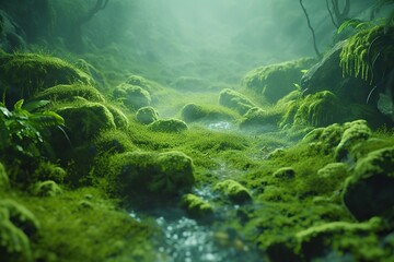 Fototapeta na wymiar Moss forest. Deep in a mossy misty forest. Green carpet of moss, a stream flowing beneath.