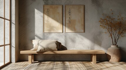 Living room interior, Japanese style traditional wooden bench with white pillows wooden wall and floor texture, pottery pot plant, and Japan poster frame. Minimalist entrance way