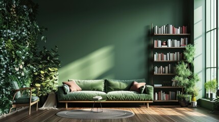 Greenery comfortable living room with a wooden green sofa brown pillows and an armchair near a wooden bookcase, coffee table, and houseplants. Minimalist Scandinavian living room