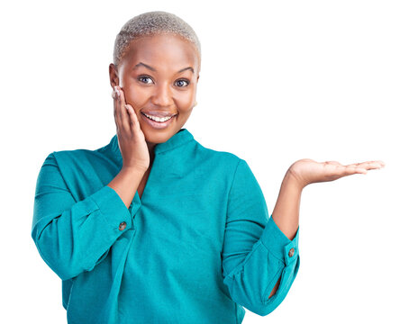 Portrait of black woman, offer or palm for presentation, discount deal or news for announcement. Transparent png background, isolated happy African person or promotion with hand, choice sign or sale