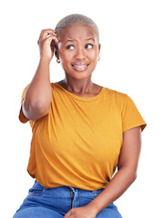 Confused, scratch on head and African woman in isolated background, transparent and thinking. Girl, mindset and brainstorming for solution for stress or problem solving with ideas, png and scared