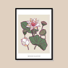Botanical hand drawn vector illustration in a poster frame template. Art for postcard, wall art, banner, background.