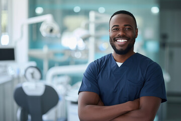 Obraz premium Handsome African American male dentist smiling, standing with folded hands inside blurry modern clinic. Dental care concept