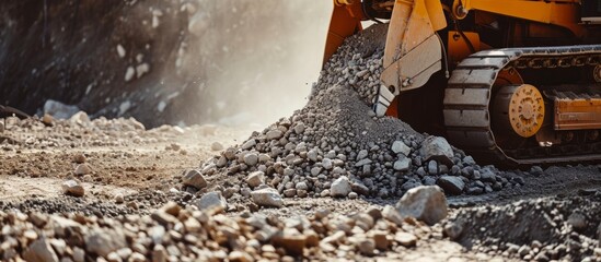 A bulldozer is moving rocks to create a pile at a construction site, preparing the area for the building of a new house or road - obrazy, fototapety, plakaty