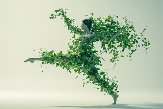 Surreal image of a person with body made of leaves, symbolizing nature and growth, in a dynamic jumping pose on a plain background.