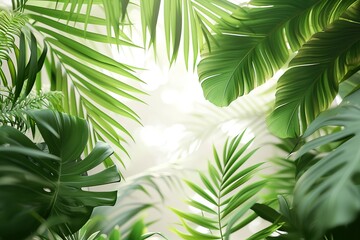 Tropical green leaves on a bright background with sunlight filtering through, suitable for nature themes and backgrounds.