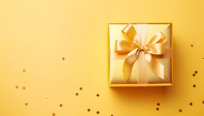 Gift box with golden bow and confetti on yellow background.