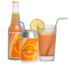 PNG; Trasparente. Aranciata, bicchiere bottiglia lattina..Bevanda rinfrescante isolata su sfondo trasparente.