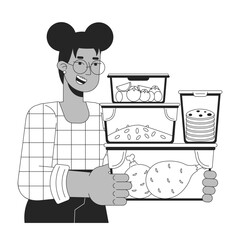 Carrying meal prep containers black and white cartoon flat illustration. Black woman 2D lineart character isolated. Energy efficient cooking. Saving energy at home monochrome vector outline image