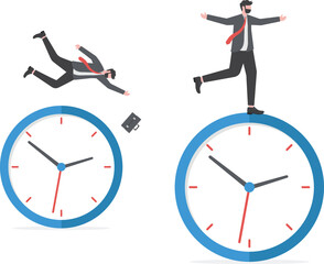 Time management, work schedule and deadline or productivity and efficiency work concept, businessmen riding rolling clock face with confidence skillful man in the middle success manage to reach target