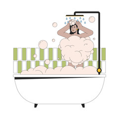 South asian woman showering in bathtub 2D linear cartoon character. Indian young adult female isolated line vector person white background. Shampooing hair in tub color flat spot illustration