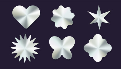 Holographic y2k future metal badge, stamp, trndy coloded sticker set heart and abstract shapes. Silver foil tag collection