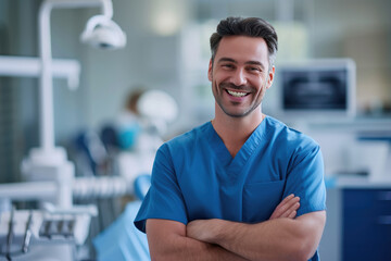Handsome male dentist smiling, standing with folded hands inside blurry modern clinic. Dental care concept