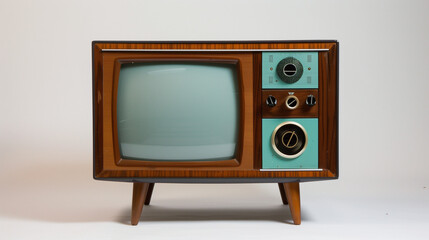 Vintage-Style Television with Retro Turquoise and Brown Design featuring Rectangular Screen and Mid-20th Century Control Knobs, Antique Wooden Cabinet Housing Set on Small Angled Legs.