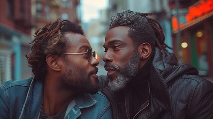 lgbt couple of men different nationalities hugging and kissing. Same-sex love