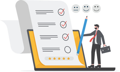 Online survey form. Man putting check mark on checklist. CRM, Customer experience, feedback and satisfaction concept

