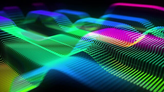 Slow wave motion of bright planes made of lines on black background. Abstract concept of soundwaves, artificial intelligence and big data. 4K video of vibrant sound waves in virtual space