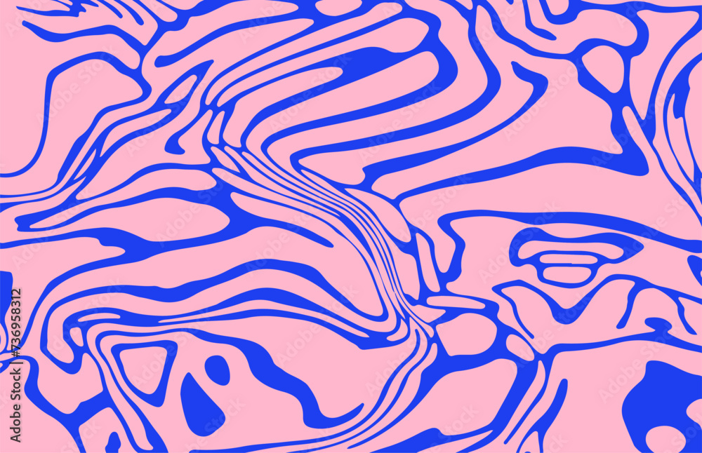 Poster abstract trippy pink and blue psychedelic background with melting and distorting lines.
