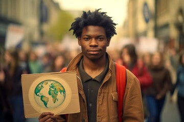 
Photograph a young European man, aged 28, holding a sign at a demonstration for climate action and environmental justice - obrazy, fototapety, plakaty