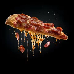 Foto op Plexiglas Pizza slice with flying pepperoni and melted cheese on black background © Wazir Design