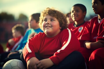 Obese boy, 10 years old, of Caucasian ethnicity, sitting on the sidelines during a soccer game, watching her friends play.