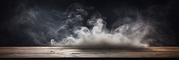 Empty wooden table with smoke float up on dark background
