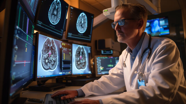 Clinical Diagnostic Imaging Specialist Reviewing Heart MRI Scans in A Modern Medical Facility: Healthcare Professional in Lab Coat Analyzing Medical Images