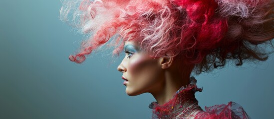 Fashion model with eccentric style and creative wig posing for Vogue.