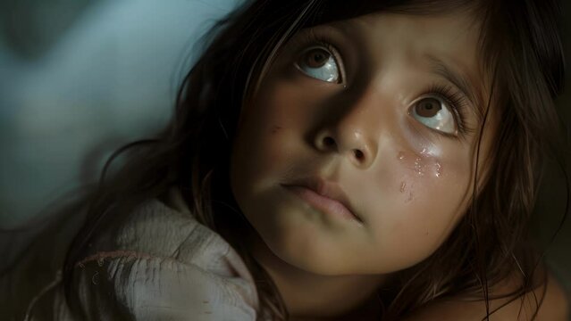 A young girl with tears in her eyes overwhelmed by the bleak predictions of a world ravaged by climate change, Close Up of a Tearful Child
