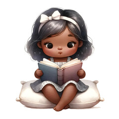 Delicate watercolor captures a serene scene of a young black girl engrossed in a book, lost in the magic of literature.