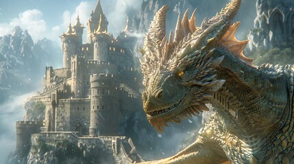 Dragon Guardian of Enchanted Castle - obrazy, fototapety, plakaty