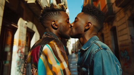 lgbt couple of men different nationalities hugging and kissing. Same-sex love - obrazy, fototapety, plakaty
