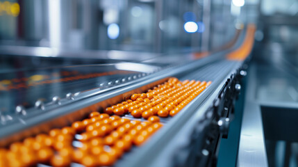 Industrial Pharmaceutical Manufacturing Process: Bright Orange Capsules on Conveyor Belt for Automated Production Line, Sophisticated Machinery and Equipment, Large-Scale Operation, Clear View of Prod