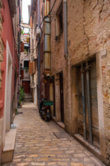 A quiet back street in the historic centre of the medieval coastal town of Rovinj in Istria, Croatia