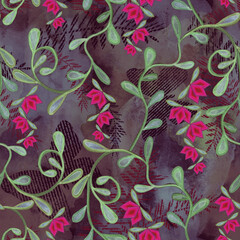 Seamless floral pattern, green twigs with crimson flowers on a dark brown background. - 736960930