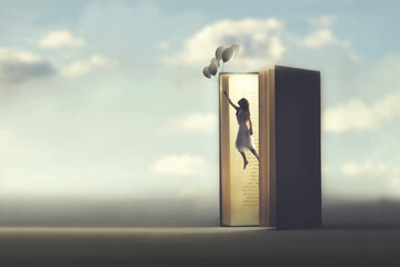 surreal woman comes out of an open book flying hanging from balloons, abstract concept - 736960942
