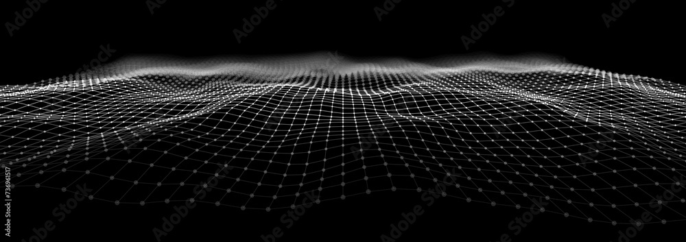 Poster Wireframe Landscape Wire with Depth of Field Effect. 3D Topographic map background concept. Geography concept. Wavy backdrop. Space surface HUD Design Element.
