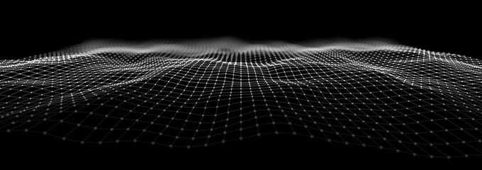 Wireframe Landscape Wire with Depth of Field Effect. 3D Topographic map background concept. Geography concept. Wavy backdrop. Space surface HUD Design Element.