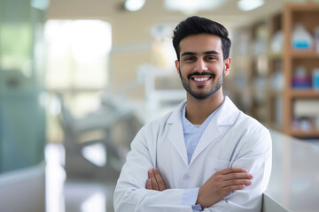 Handsome Indian male dentist smiling, standing with folded hands inside blurry modern clinic. Dental care concept