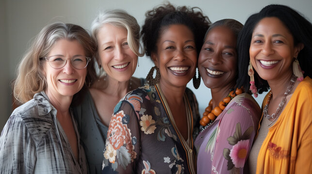 Smiling Women with Diverse Backgrounds Posed in a Unity Celebration, Age Diversity Showcased, Women in Casual Attire, Depicting Multicultural Group Photo Session, Being Comfortable in Own Skin, Expres
