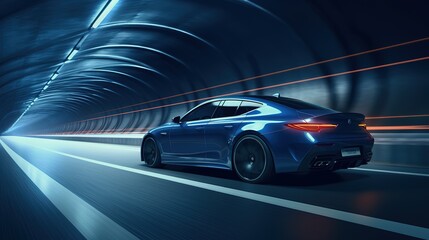 A luxury sports electric car drives through a lighted tunnel